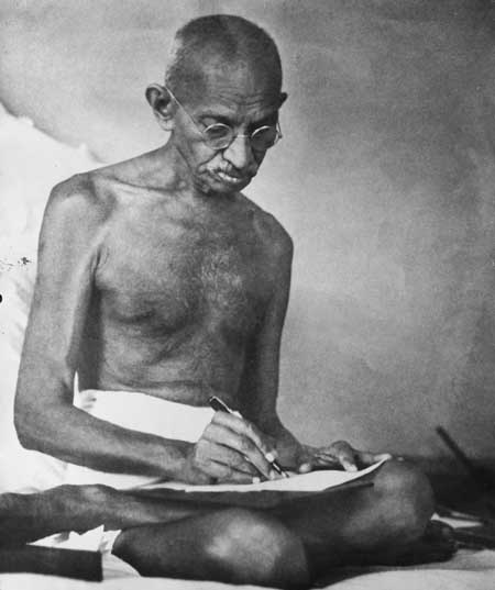 Gandhiji at work, Sevagram.jpg